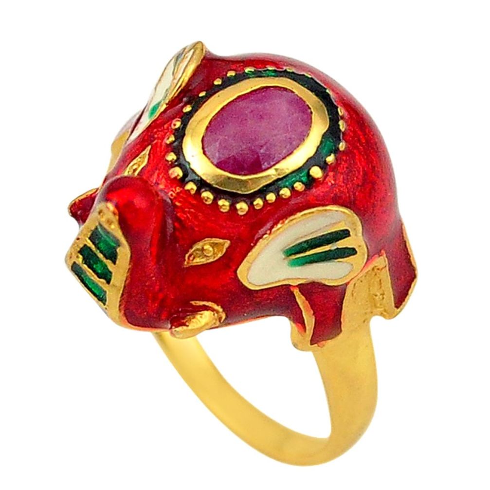 Natural red ruby enamel 925 silver 14k gold elephant thai ring size 6.5 c22017