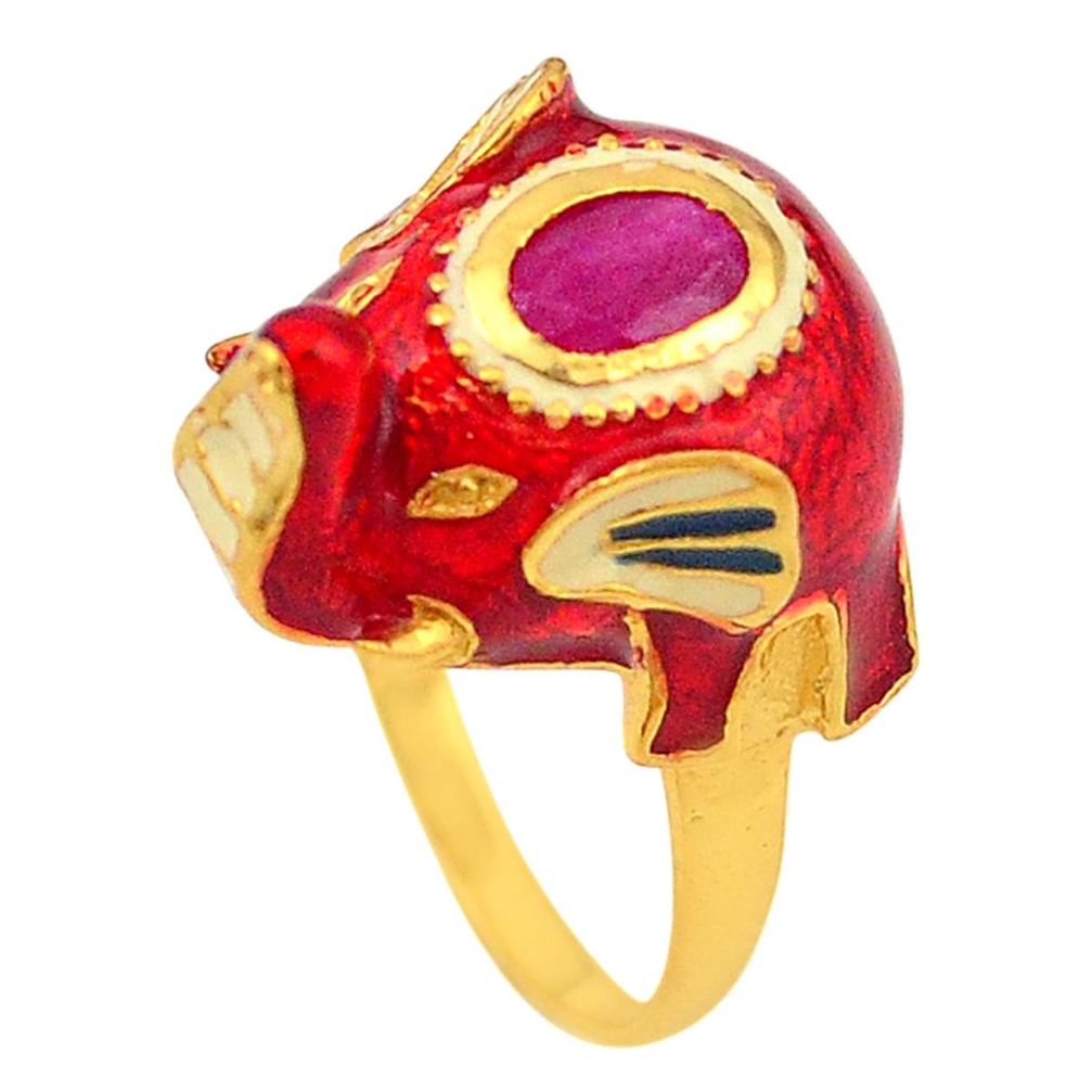 Natural red ruby enamel 925 silver 14k gold elephant thai ring size 6 c22018