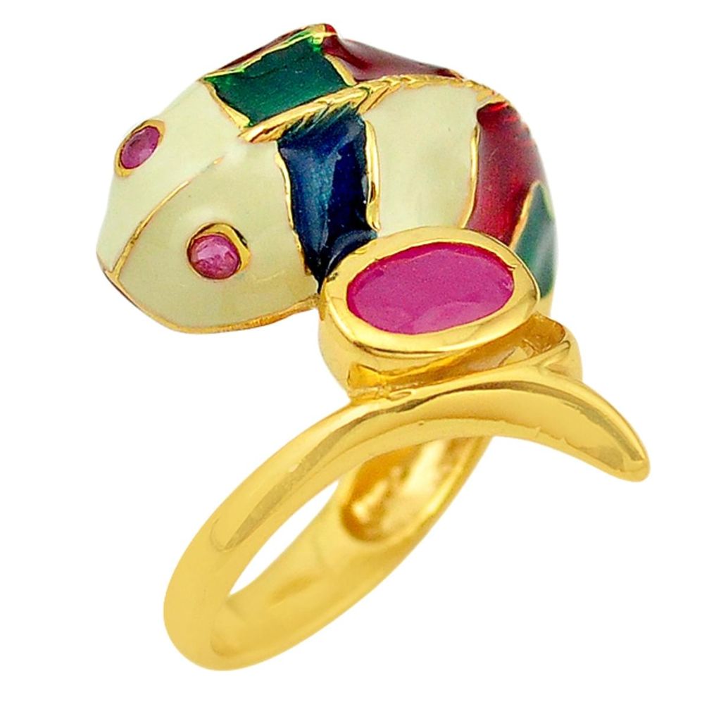 Natural red ruby enamel 925 silver 14k gold fish thai ring size 9 c21115