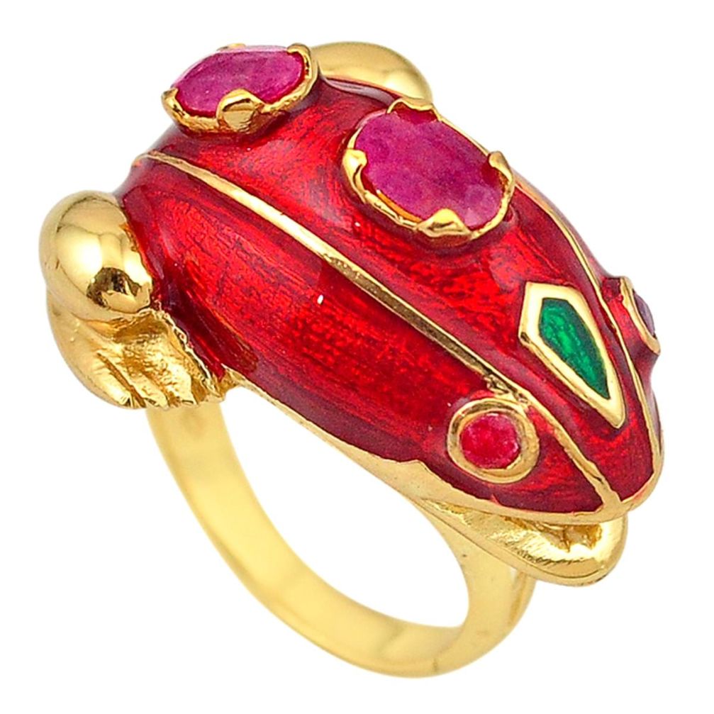 Natural red ruby enamel 925 silver 14k gold frog thai ring size 8 c21114