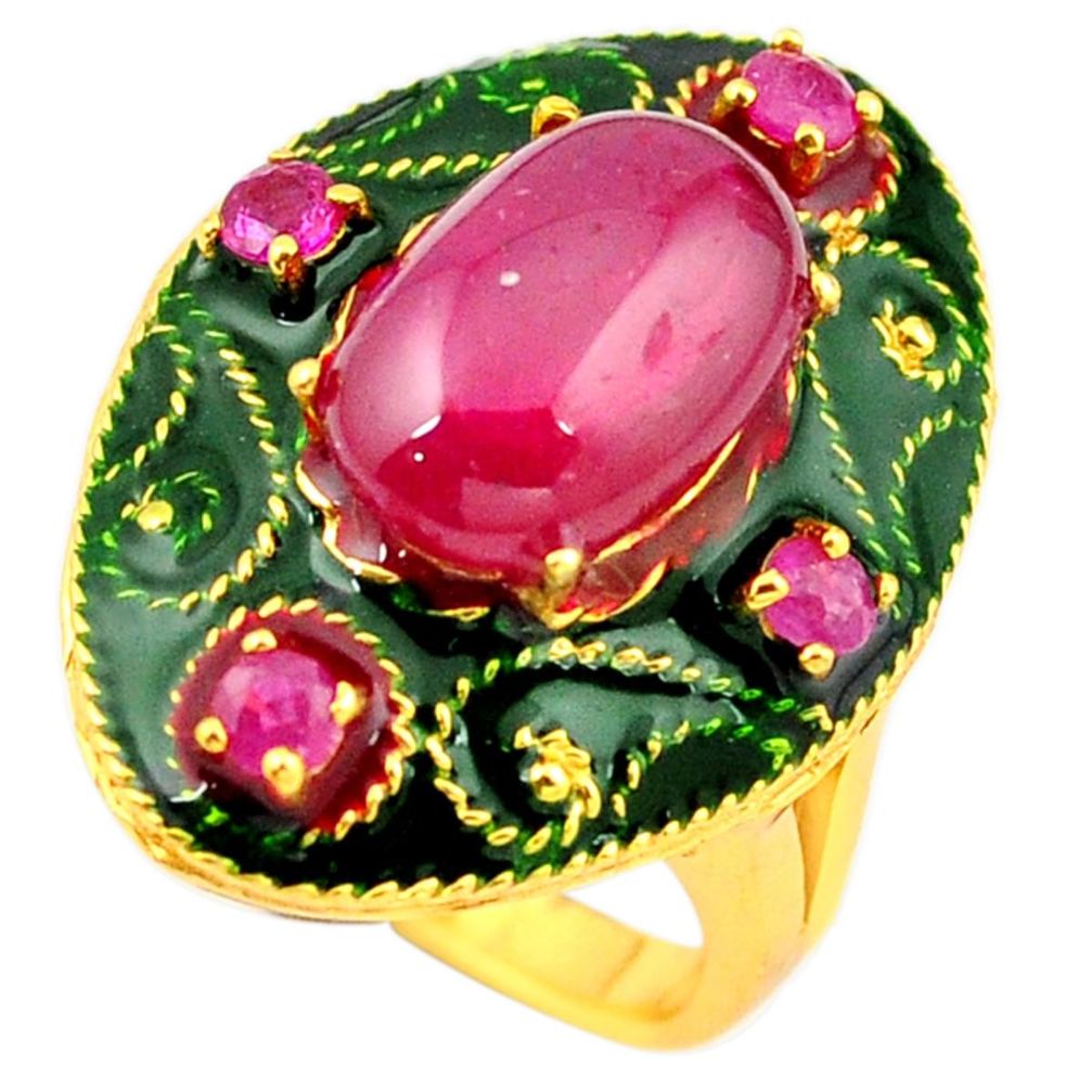 Natural red ruby enamel 925 sterling silver 14k gold thai ring size 7 c22013