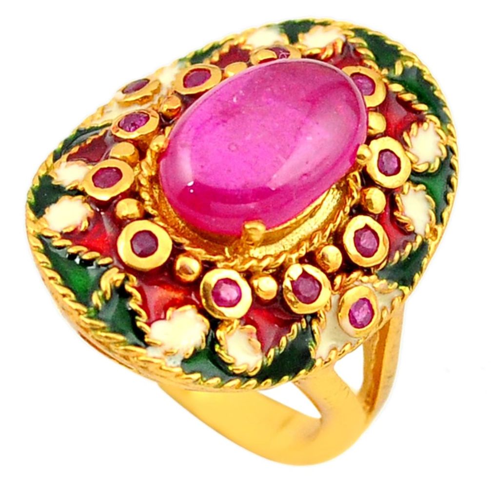 Natural red ruby enamel 925 sterling silver 14k gold thai ring size 7 c22014