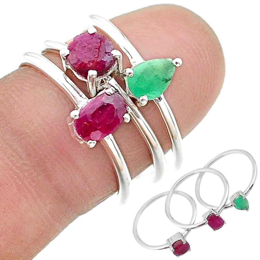 2.81cts natural red ruby green emerald 925 sterling silver 3 rings size 7 t17600