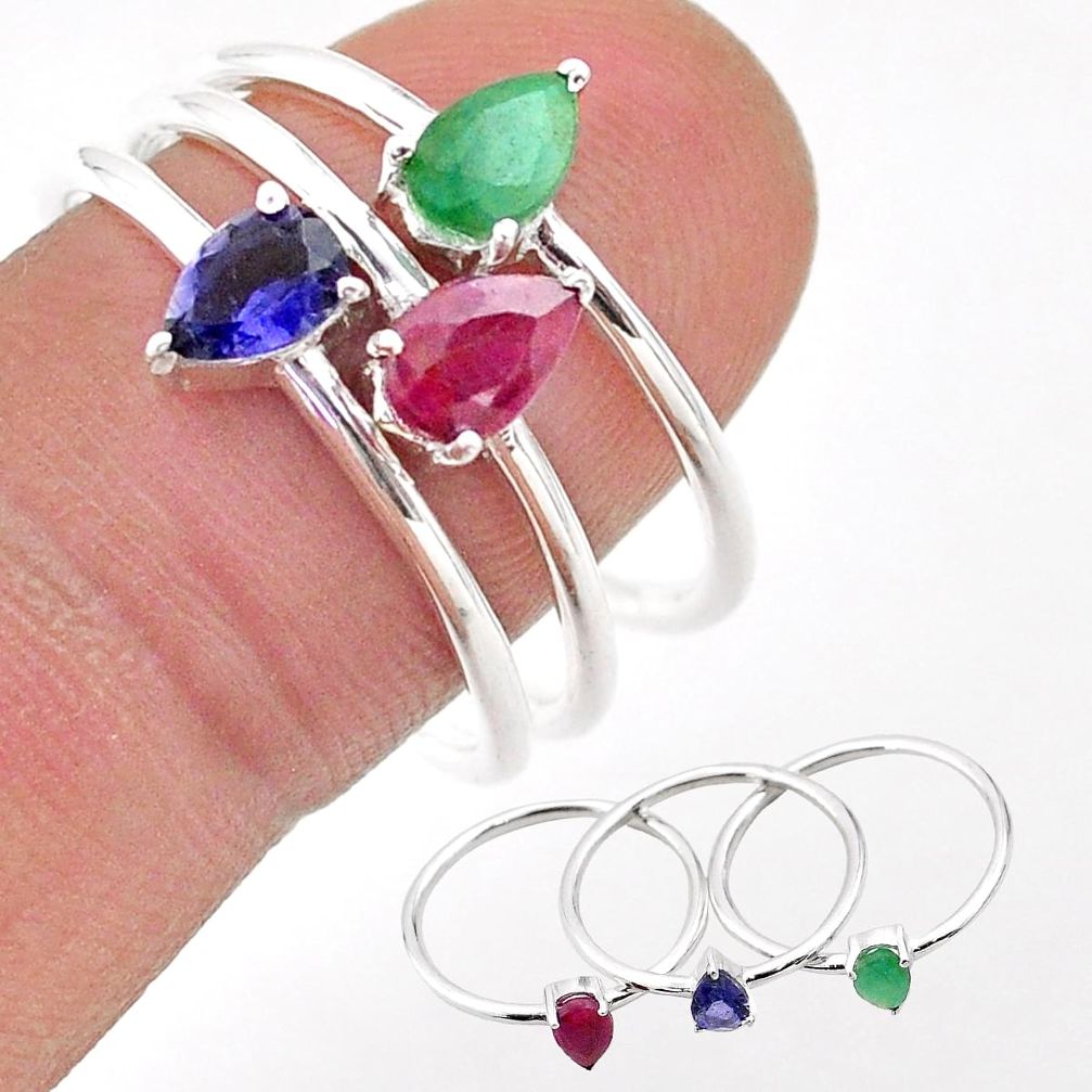 2.81cts natural red ruby iolite emerald silver 3 rings jewelry size 9 t74909