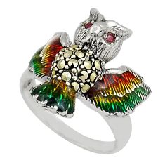 0.26cts natural red ruby marcasite enamel 925 silver owl ring size 7 c29683