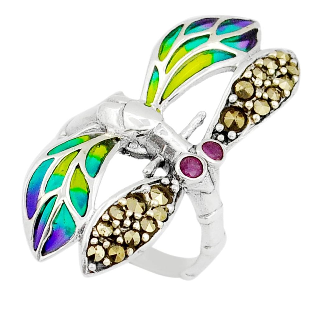 0.60cts natural red ruby marcasite enamel silver dragonfly ring size 7.5 c29667