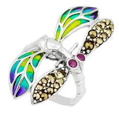 0.60cts natural red ruby marcasite enamel silver dragonfly ring size 7.5 c29667