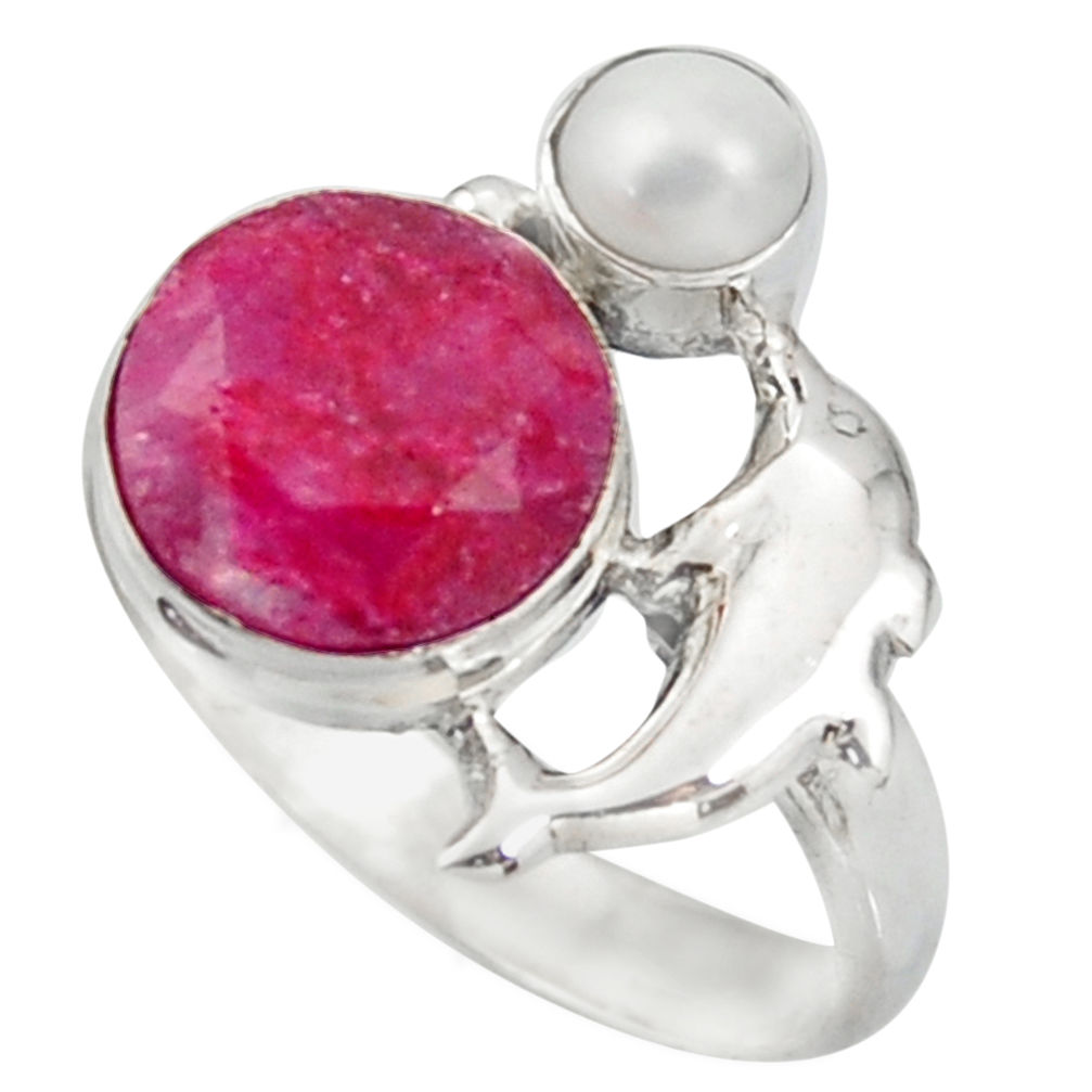 6.31cts natural red ruby pearl 925 sterling silver dolphin ring size 8.5 d46147