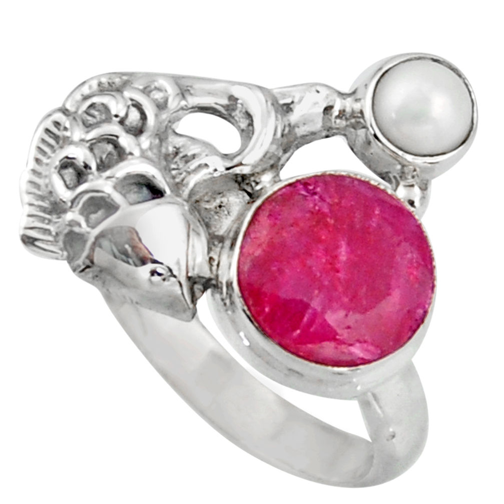 5.75cts natural red ruby pearl 925 sterling silver fish ring size 7 d46148