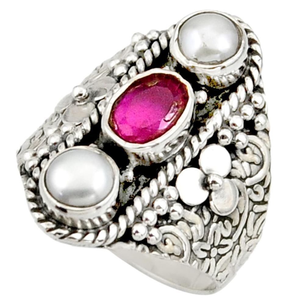 3.52cts natural red ruby pearl 925 sterling silver ring jewelry size 7.5 r42723