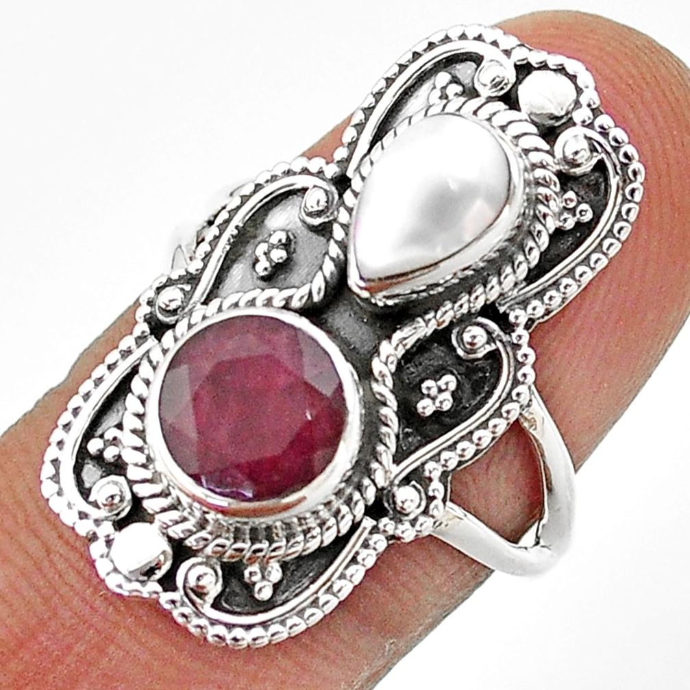 4.02cts natural red ruby pearl 925 sterling silver ring jewelry size 7 t69445