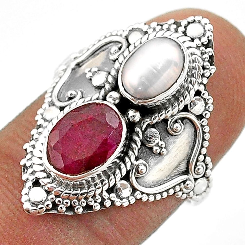 3.48cts natural red ruby pearl 925 sterling silver ring jewelry size 7 t69497