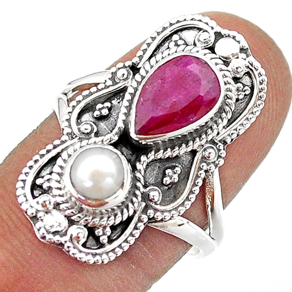 4.02cts natural red ruby pearl 925 sterling silver ring jewelry size 8 t69437