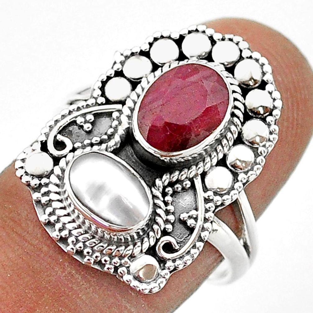 4.02cts natural red ruby pearl 925 sterling silver ring jewelry size 7.5 t69471