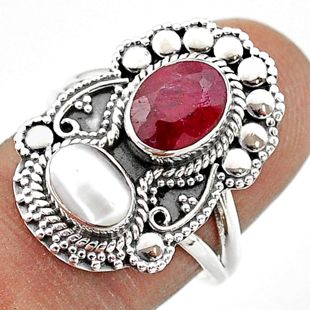 3.58cts natural red ruby pearl 925 sterling silver ring jewelry size 7.5 t69477