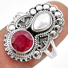 3.75cts natural red ruby pearl 925 sterling silver ring jewelry size 8.5 t69482