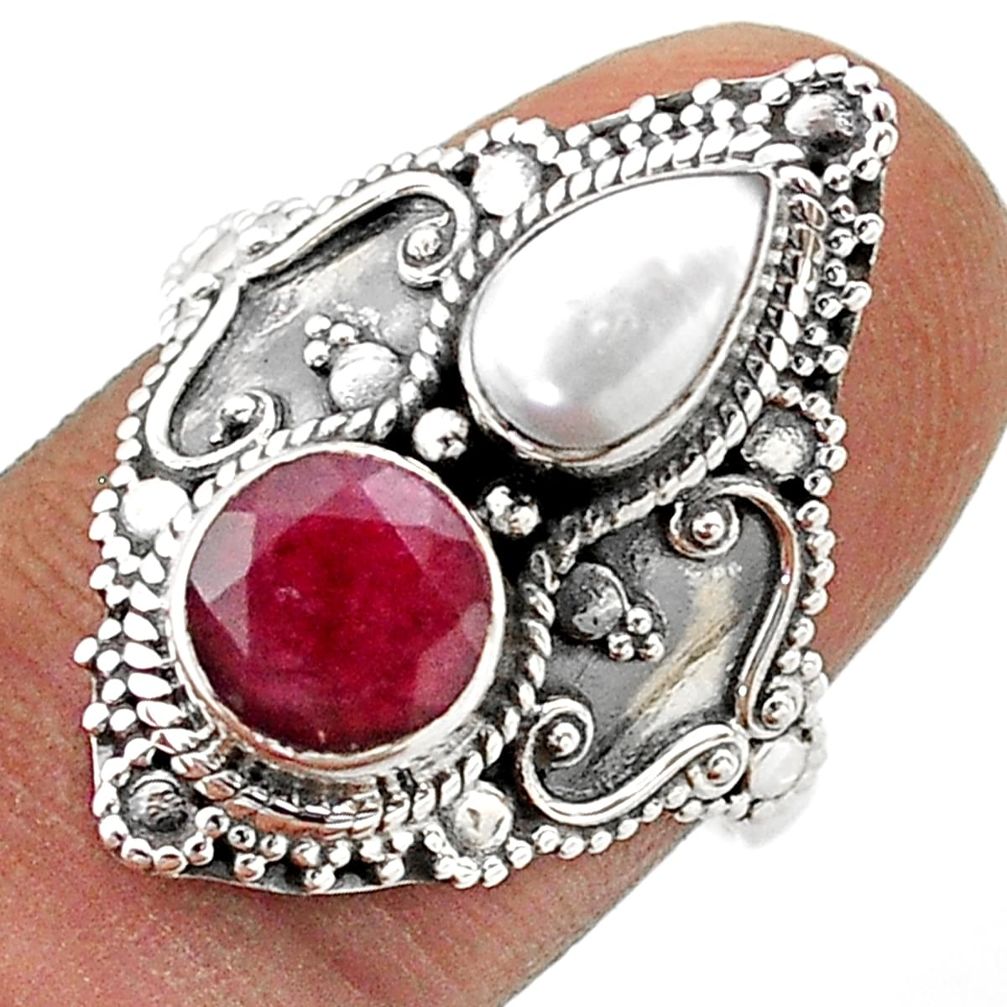 3.48cts natural red ruby pearl 925 sterling silver ring jewelry size 7.5 t69494