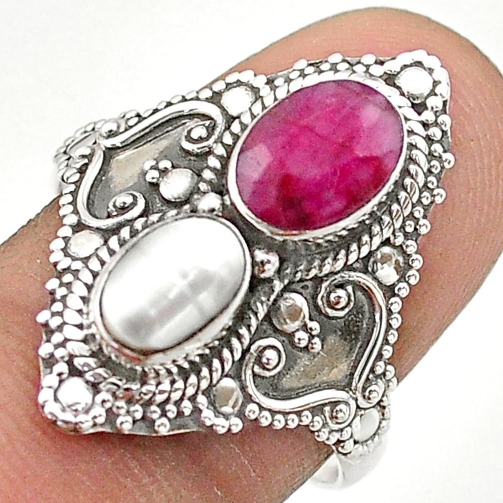 3.63cts natural red ruby pearl 925 sterling silver ring jewelry size 8.5 t69502
