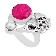 5.28cts natural red ruby round pearl 925 sterling silver fish ring size 7 n26075