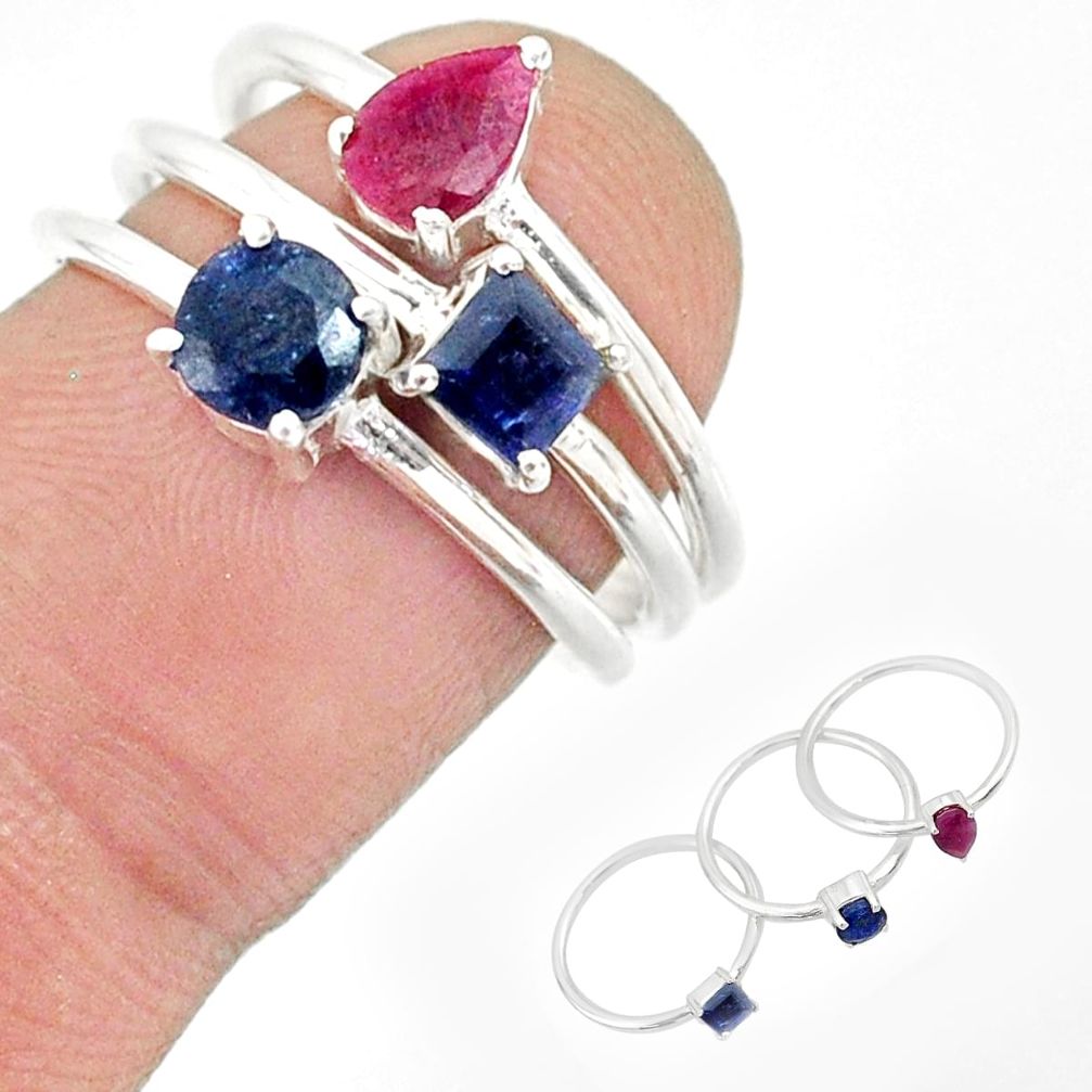 3.13cts natural red ruby sapphire 925 sterling silver 3 rings size 7 r85177