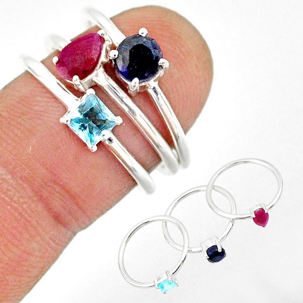 3.42cts natural red ruby sapphire blue topaz 925 silver 3 rings size 8 r85174