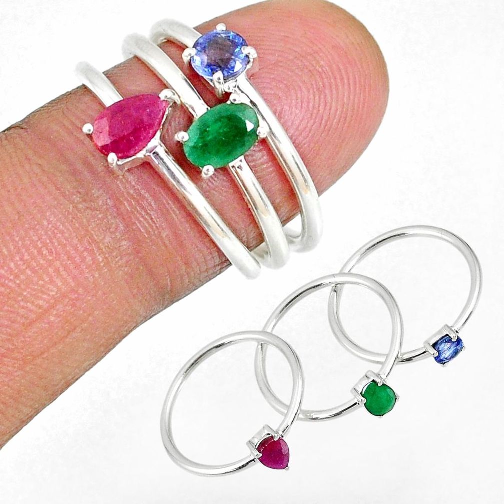 2.13cts natural red ruby sapphire emerald silver stackable ring size 6.5 r59882