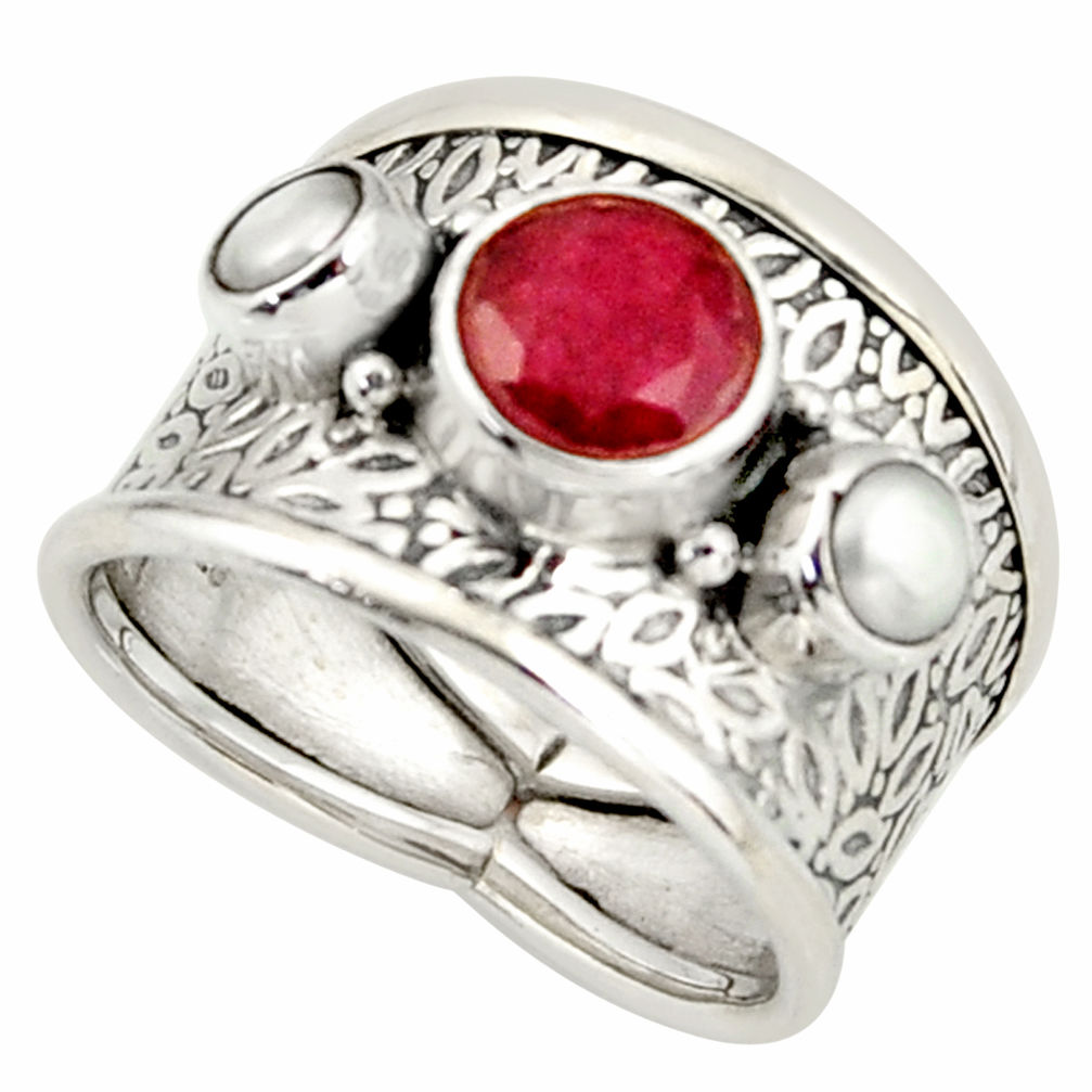 4.38cts natural red ruby white pearl 925 silver ring jewelry size 6.5 r37922