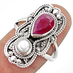 4.03cts natural red ruby white pearl 925 sterling silver ring size 7.5 t69426