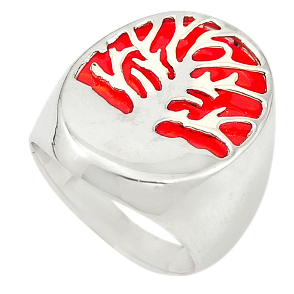 LAB Natural red sponge coral 925 silver tree of life ring size 6.5 c11907