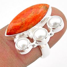 13.09cts natural red sponge coral white pearl 925 silver ring size 6.5 t65553