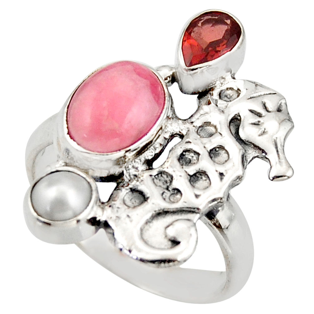 5.95cts natural rhodochrosite inca rose 925 silver seahorse ring size 8 d46021