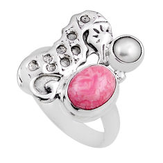 3.90cts natural rhodochrosite inca rose pearl silver seahorse ring size 7 n26071