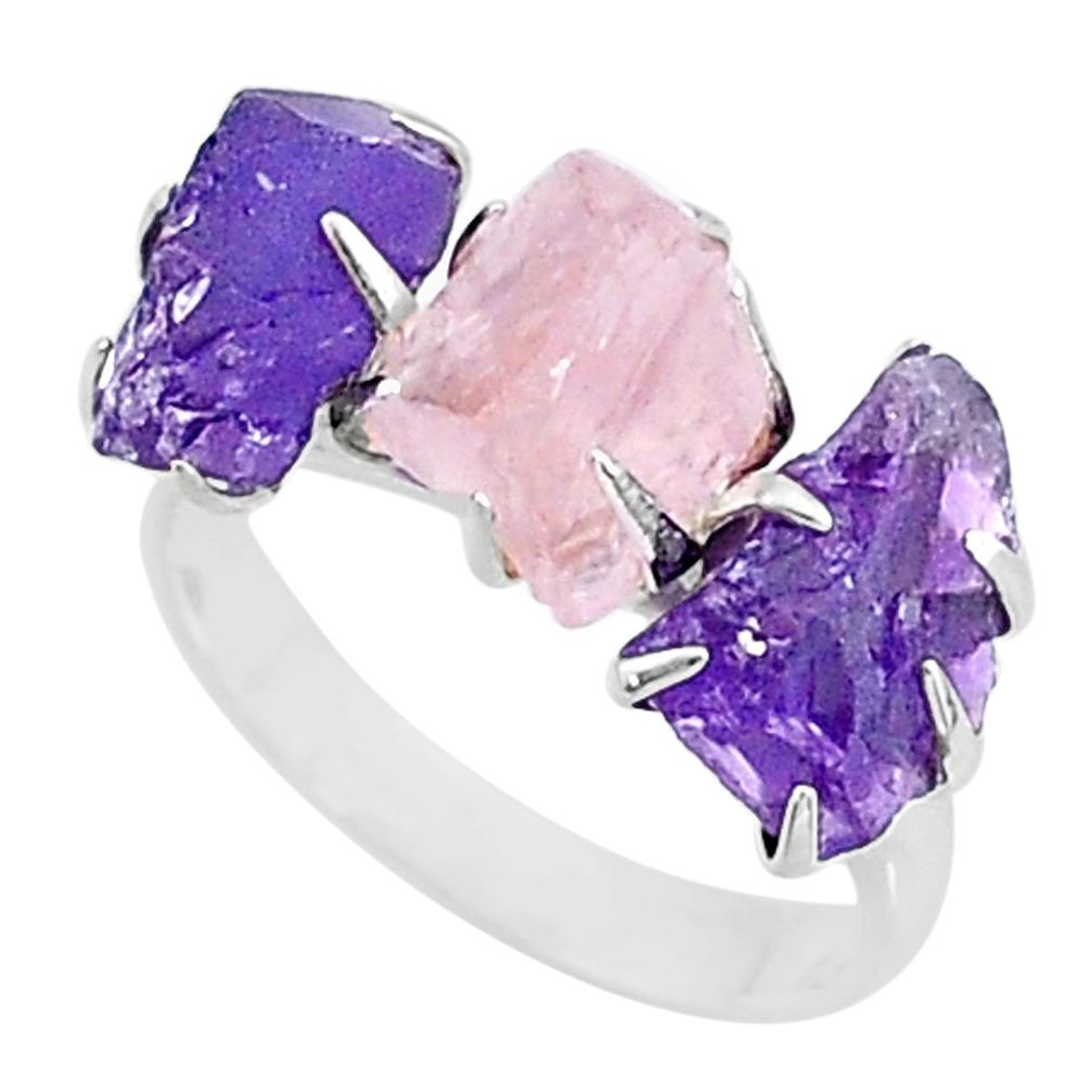 9.37cts natural rose quartz amethyst raw 925 silver 3 stone ring size 7 t7128