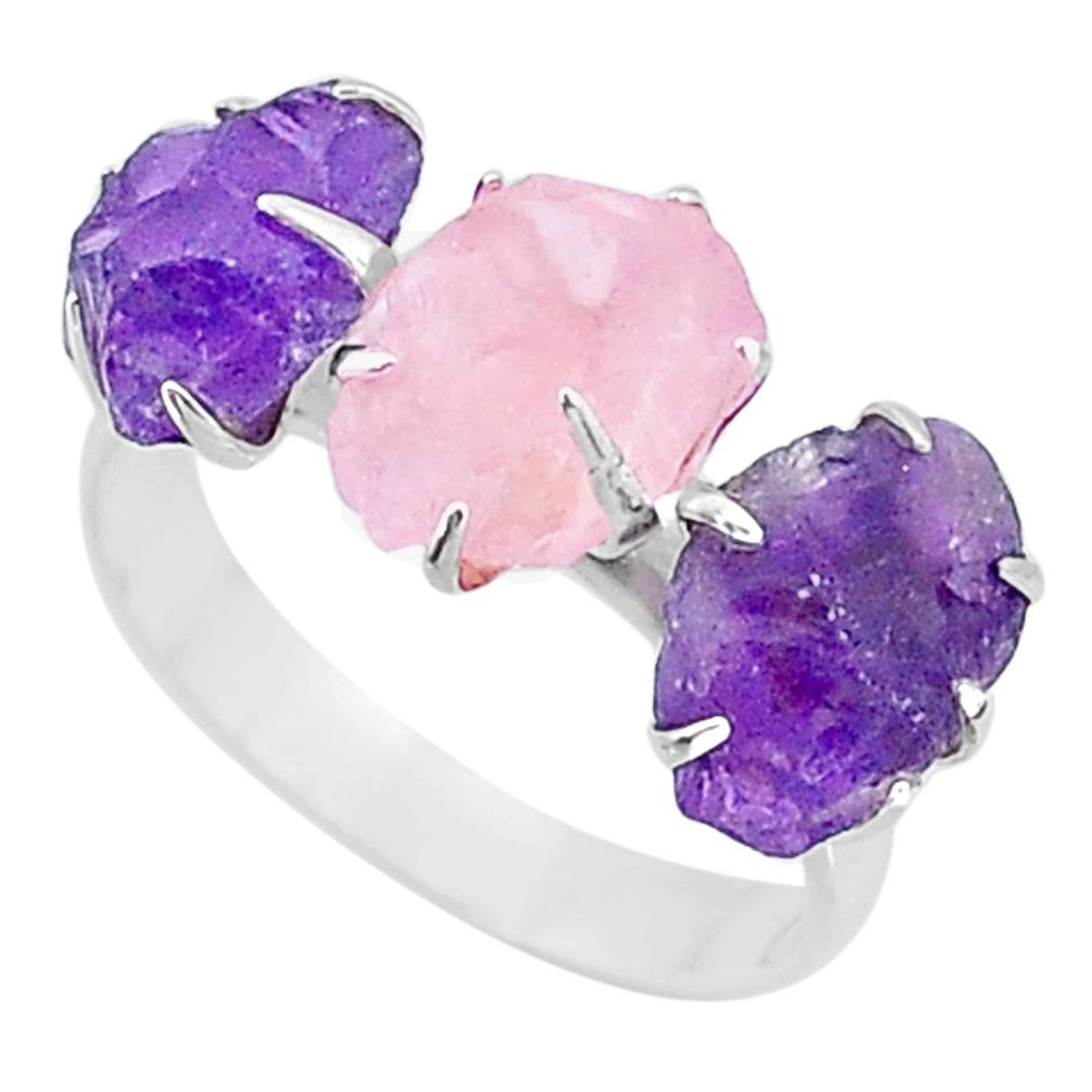 8.56cts natural rose quartz amethyst raw 925 silver 3 stone ring size 9 t7130