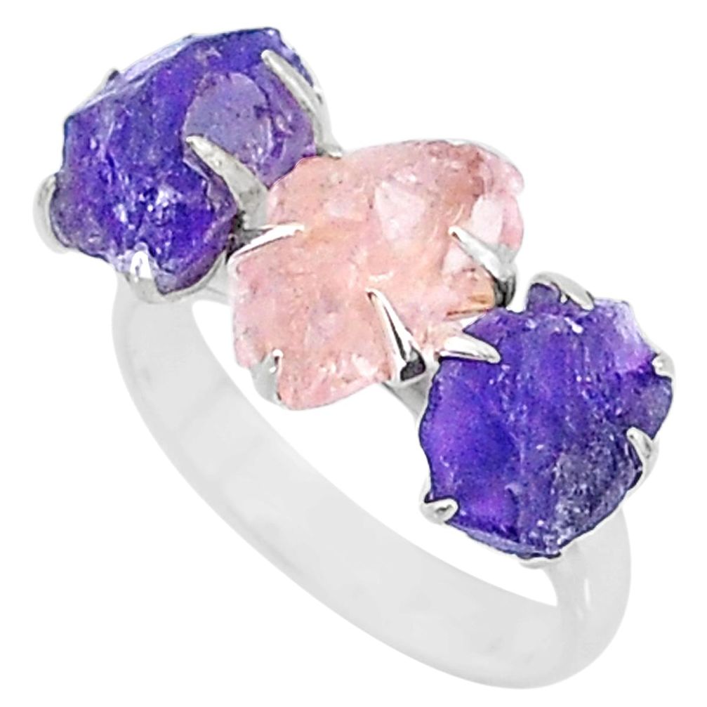 9.86cts natural rose quartz raw amethyst 3 stone 925 silver ring size 7 t7133