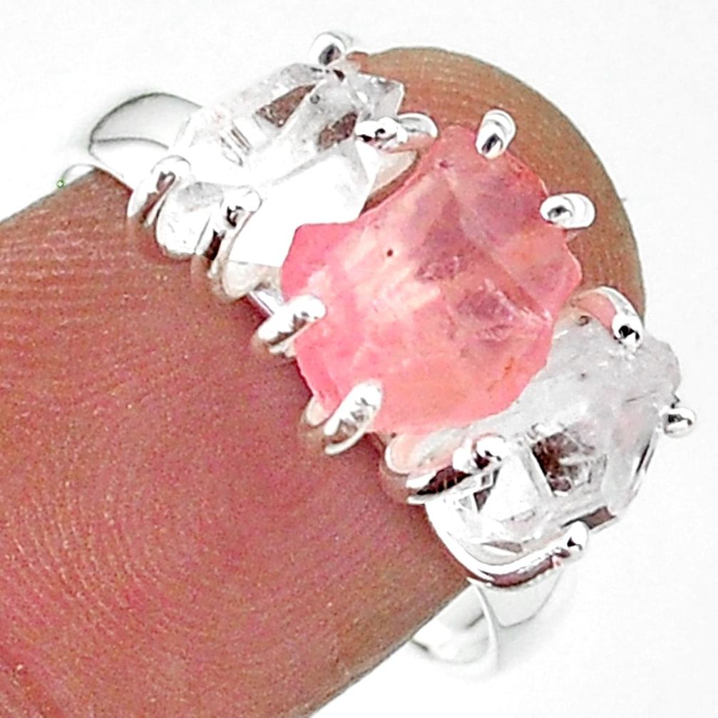 8.45cts natural rose quartz raw herkimer diamond silver ring size 8 t14130