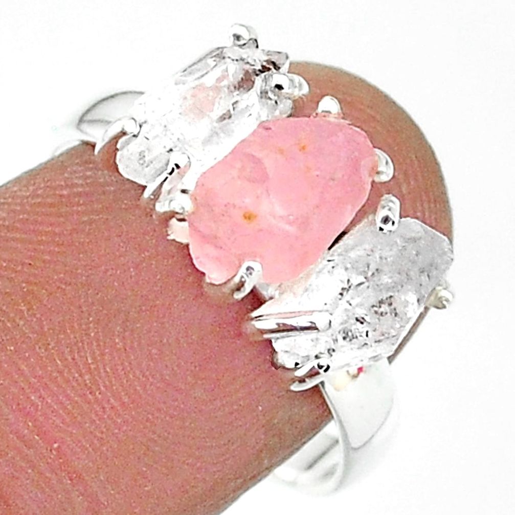 8.56cts natural rose quartz raw herkimer diamond silver ring size 8 t14135