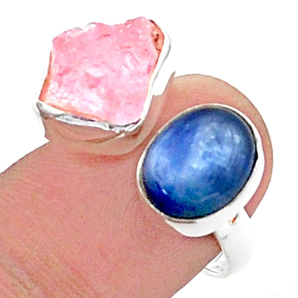 10.02cts natural rose quartz raw kyanite silver adjustable ring size 7 t38161