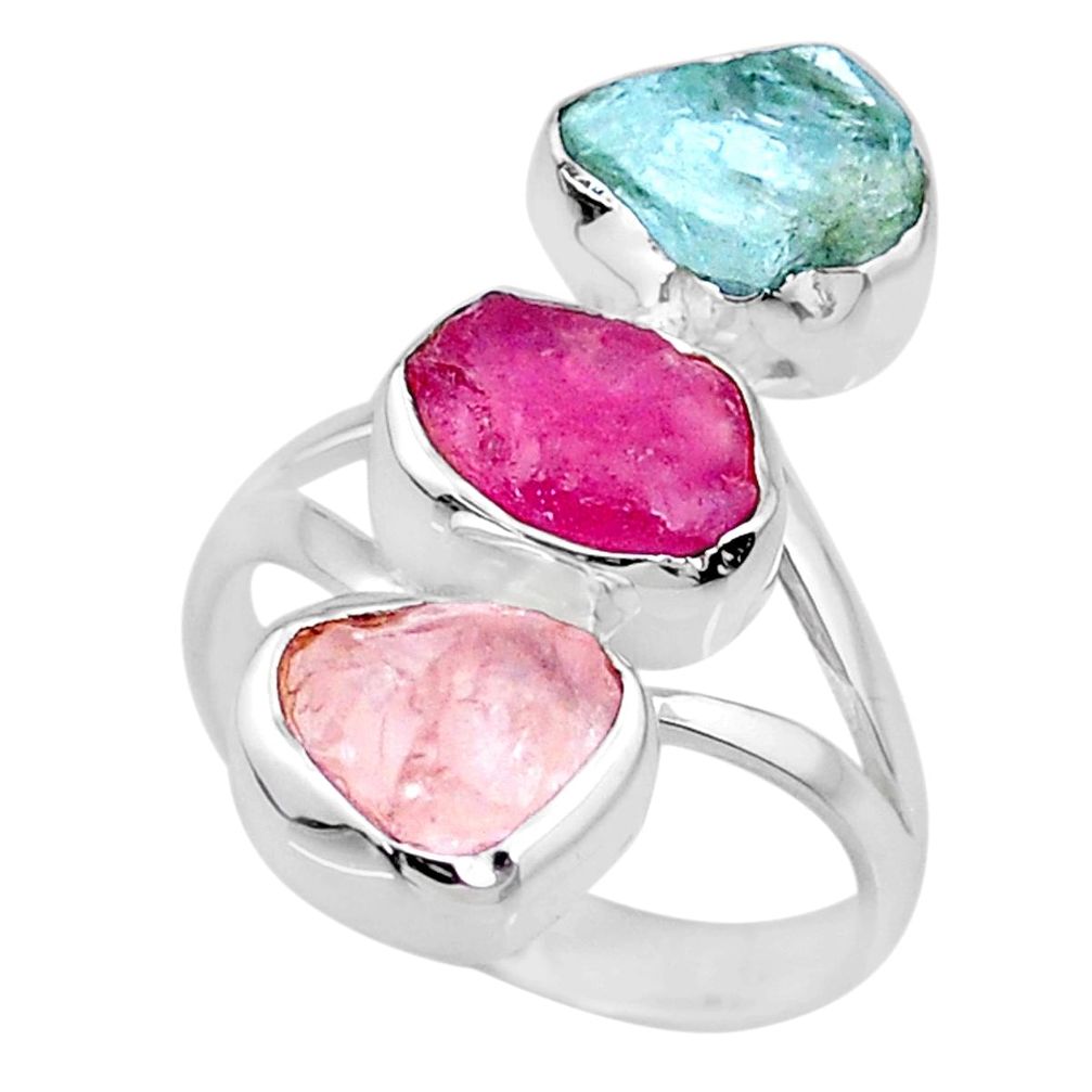 12.52cts natural ruby aquamarine rose quartz raw 925 silver ring size 8 r73772