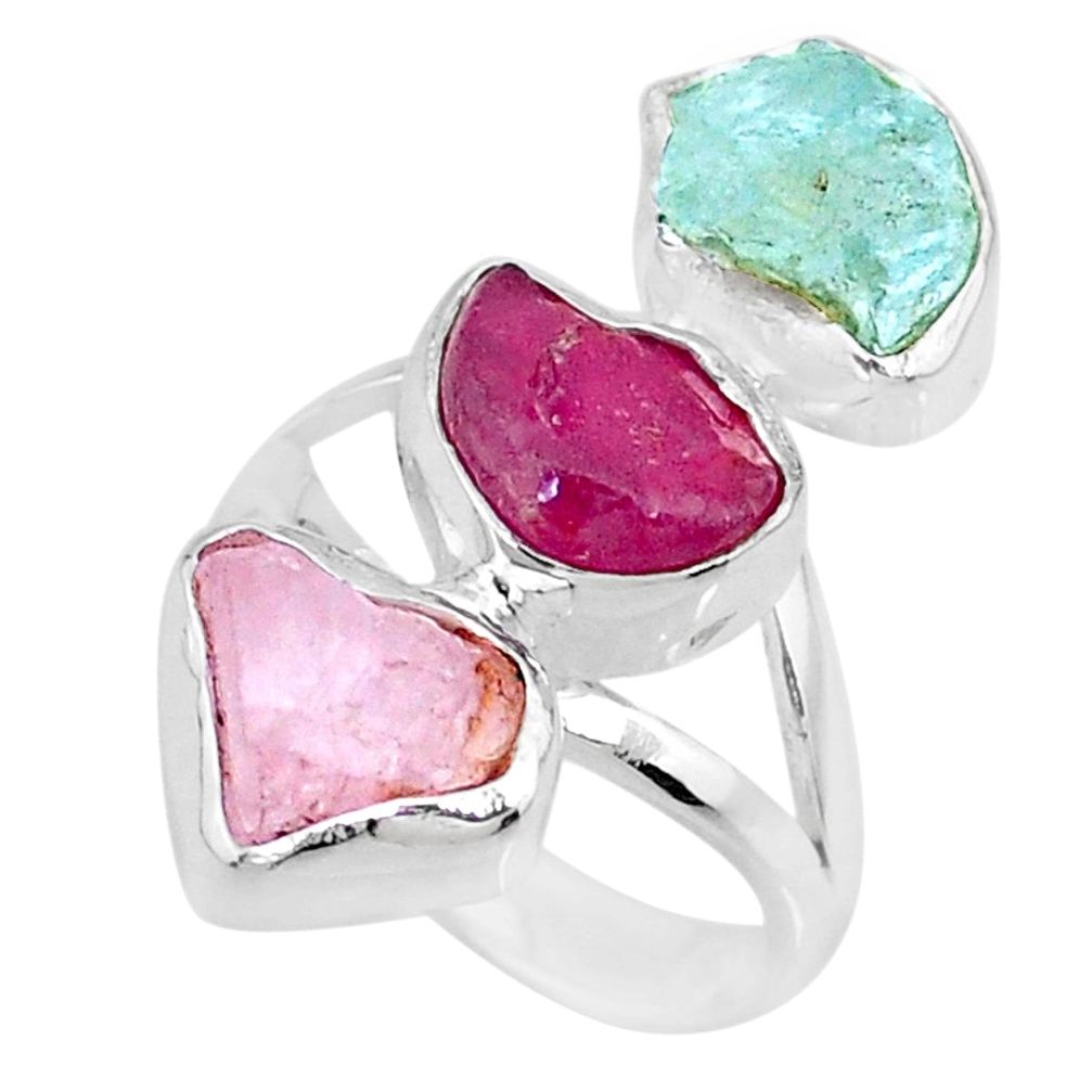 12.91cts natural ruby aquamarine rose quartz raw silver ring size 6 r73779