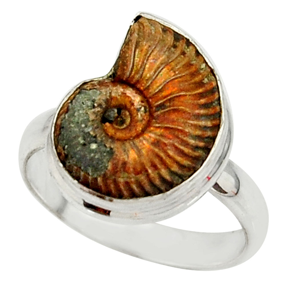 7.36cts natural russian jurassic opal ammonite 925 silver ring size 8.5 r39609