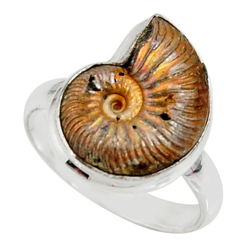7.58cts natural russian jurassic opal ammonite 925 silver ring size 9 r39617