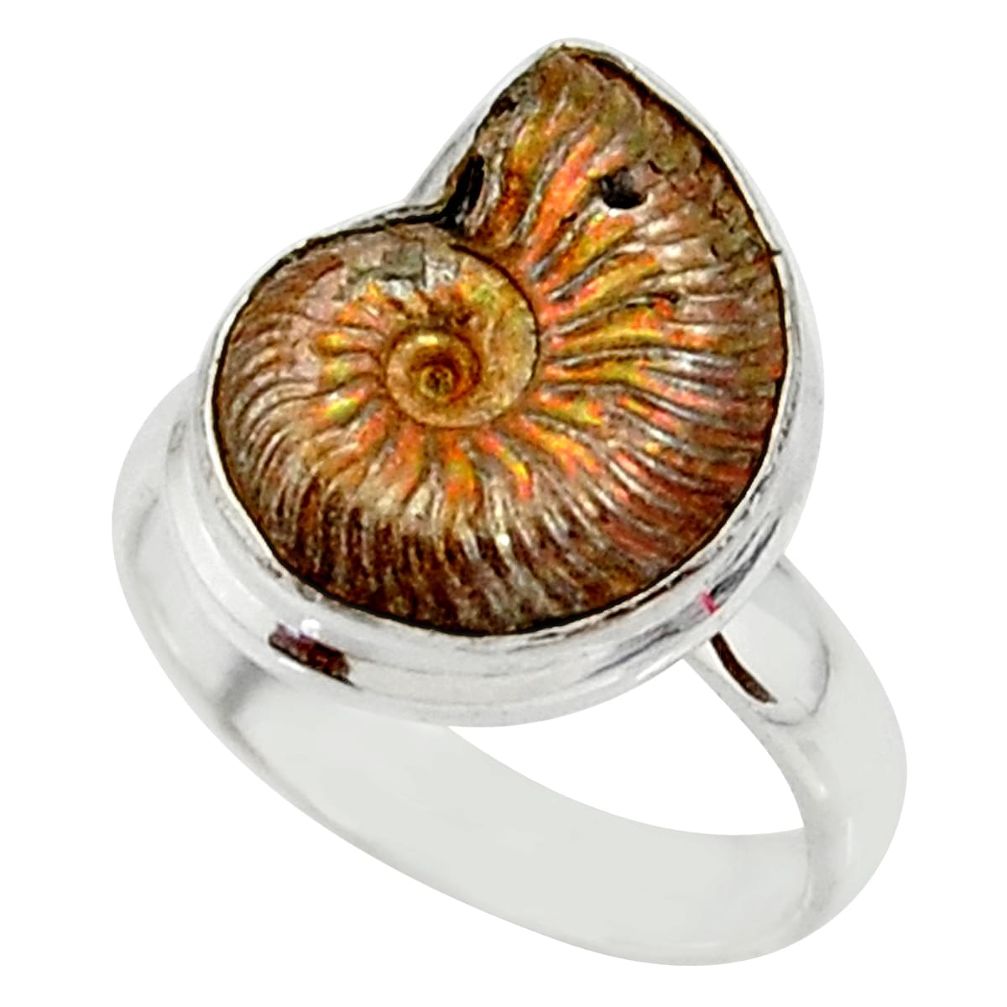 6.53cts natural russian jurassic opal ammonite fancy silver ring size 5.5 r39610