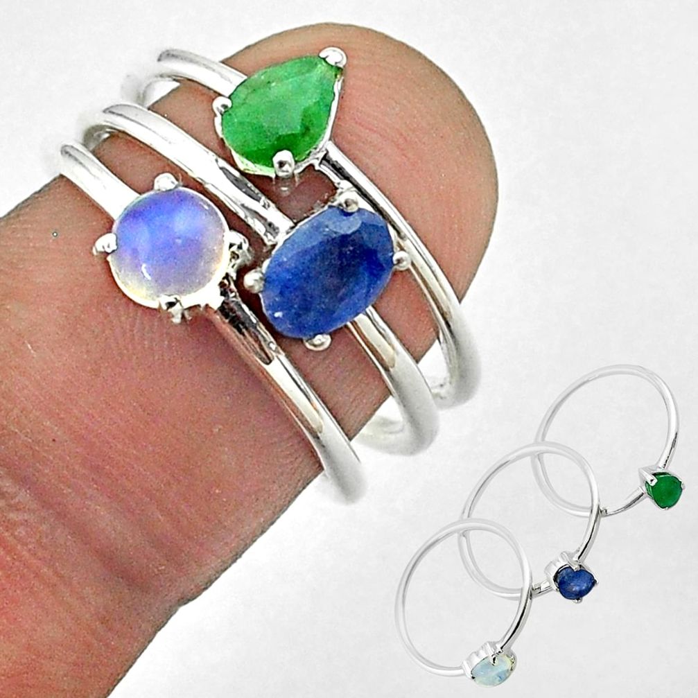 3.14cts natural sapphire ethiopian opal emerald 925 silver 3 rings size 7 t50958