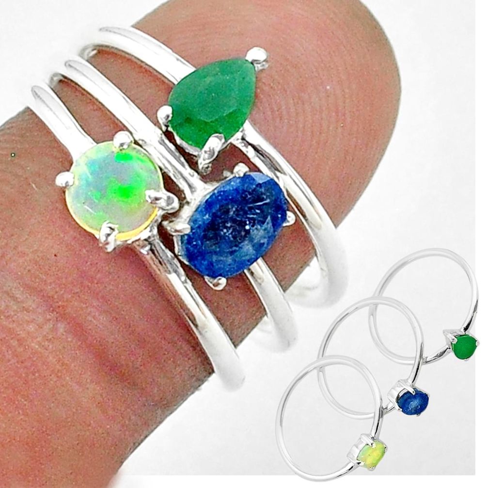 2.98cts natural sapphire ethiopian opal emerald silver 3 rings size 6.5 t50952