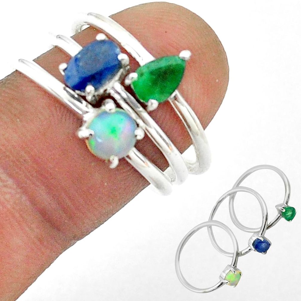 3.14cts natural sapphire ethiopian opal emerald silver 3 rings size 6.5 t50955