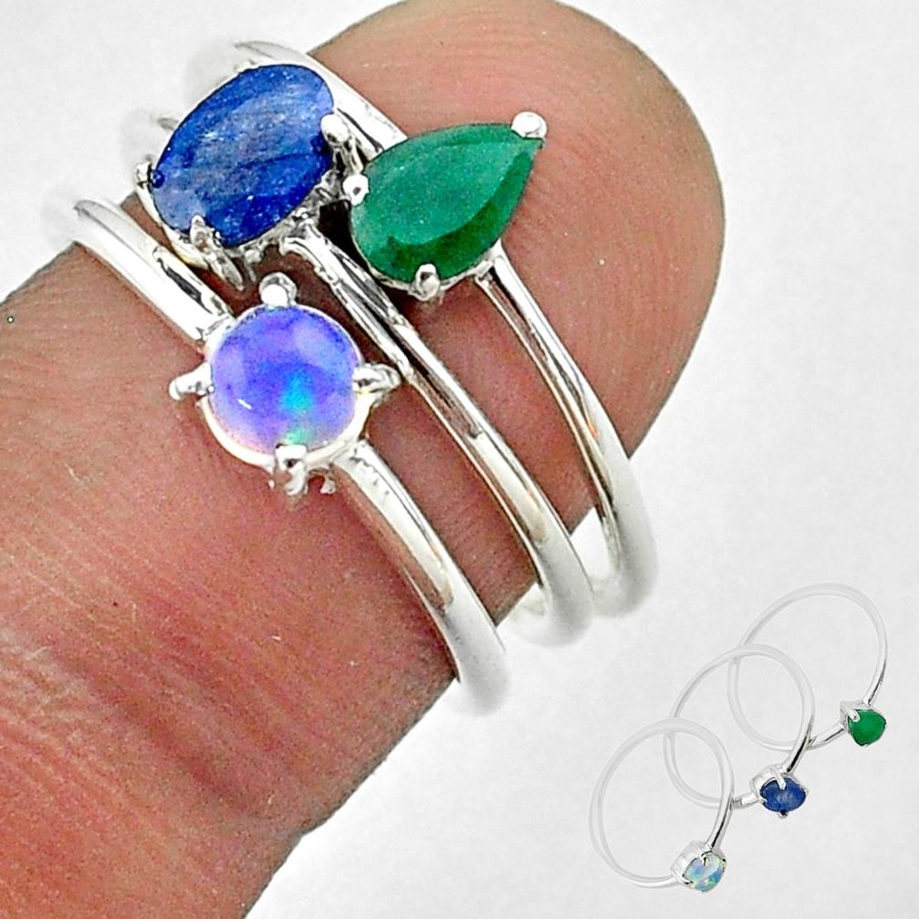 2.98cts natural sapphire ethiopian opal emerald silver 3 rings size 6.5 t50960