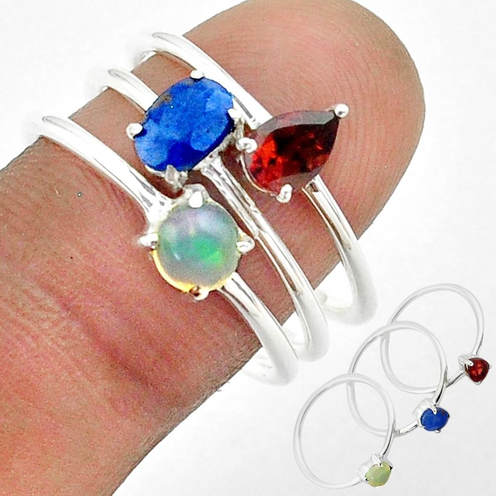 2.98cts natural sapphire ethiopian opal garnet 925 silver 3 rings size 8 t50954