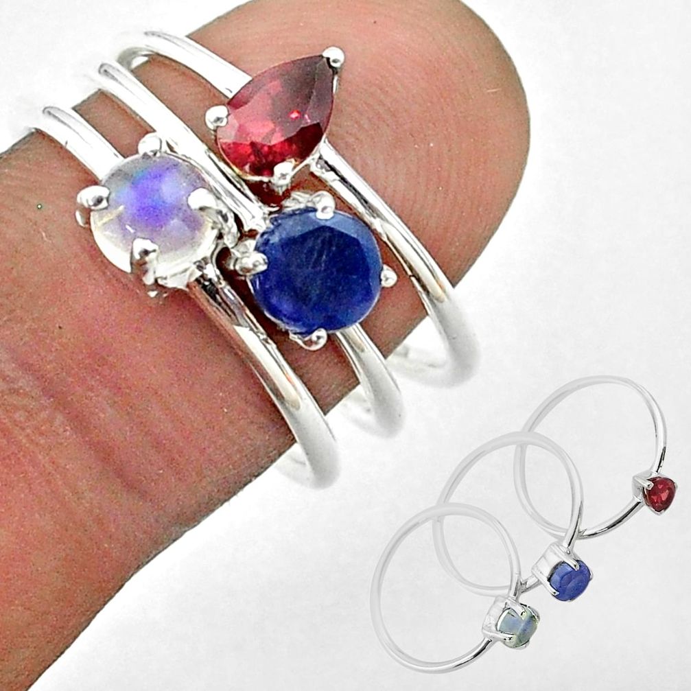 3.14cts natural sapphire ethiopian opal garnet silver 3 rings size 7.5 t50957