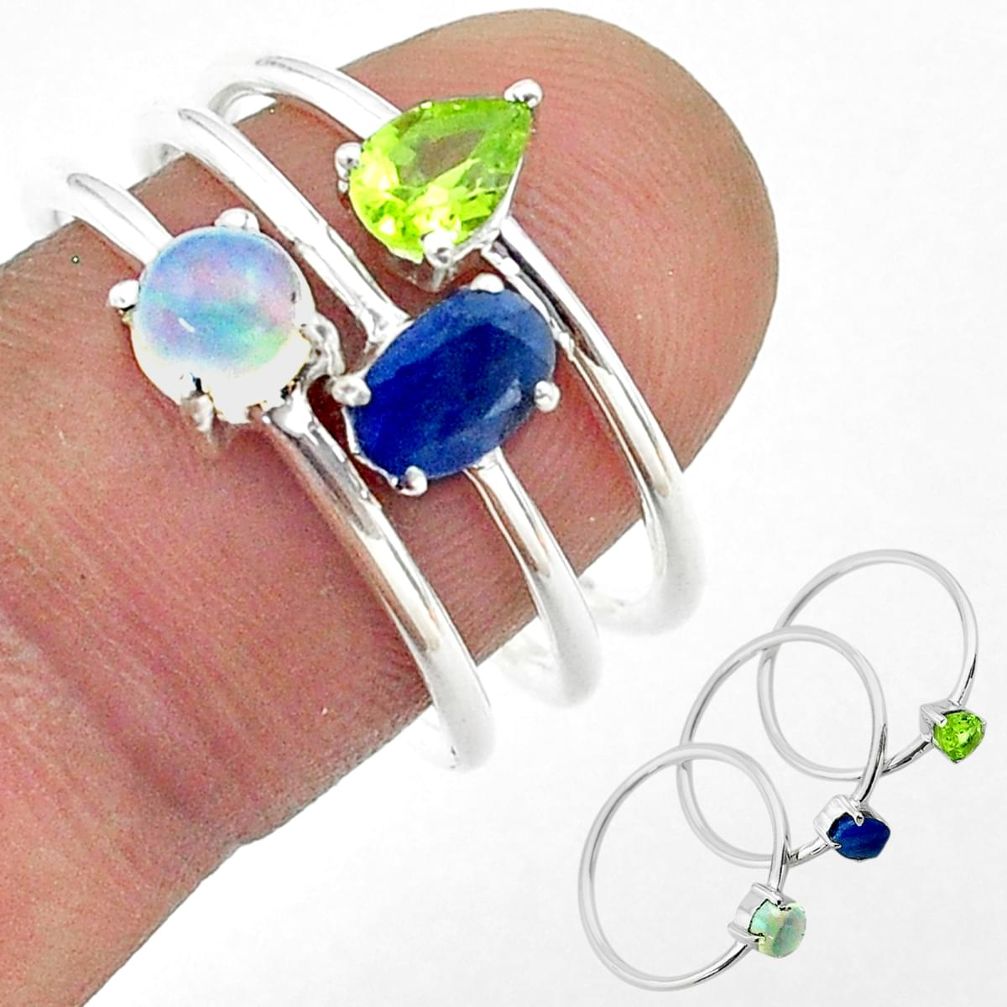 3.14cts natural sapphire ethiopian opal peridot silver 3 rings size 8 t50951
